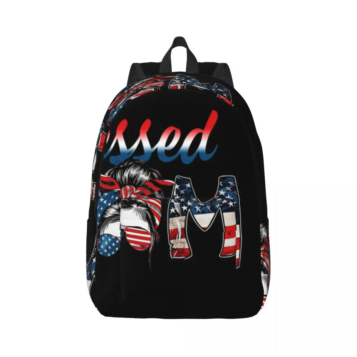 Aesthetic School Backpack Center Blessed Mom Flag Patriotic Mom Lettering Red White Blue Work Daypack for Teachers Nurses Picnic