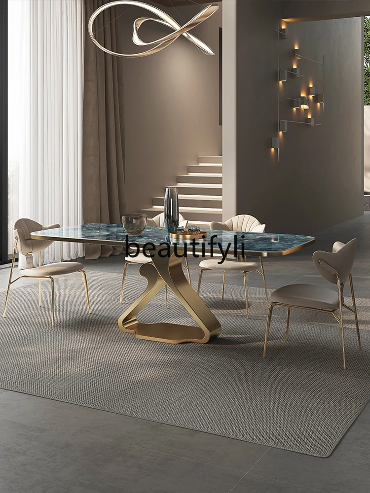 

Modern simple villa dining table combination marble pattern household high-end luxury stone rock slab dining table