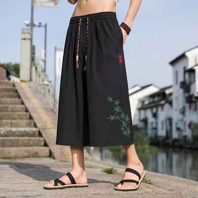 

New Chinese Sle Men's Summer Thin Loose Casual Sports Seven-Foot Pants Trendy Large Size Knee-Length orts Polyester Fiber