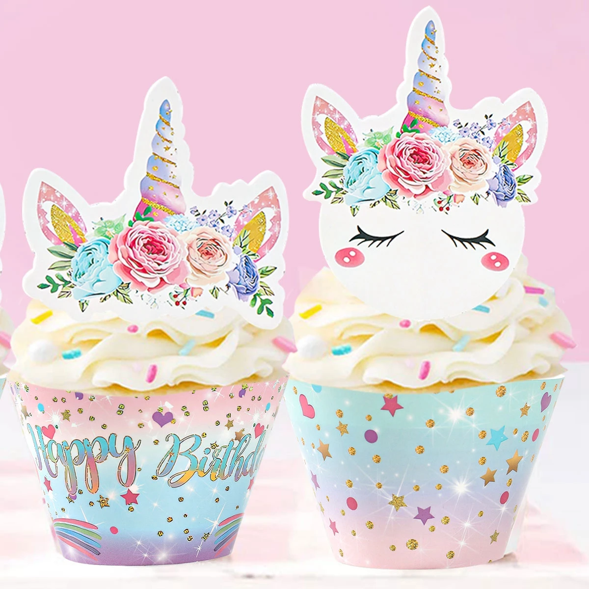 

12pcs Unicorn Dessert Paper Surrounding Cupcake Topper Happy Birthday Party Decoration Baking Cake Cups Card Baby Shower Favor