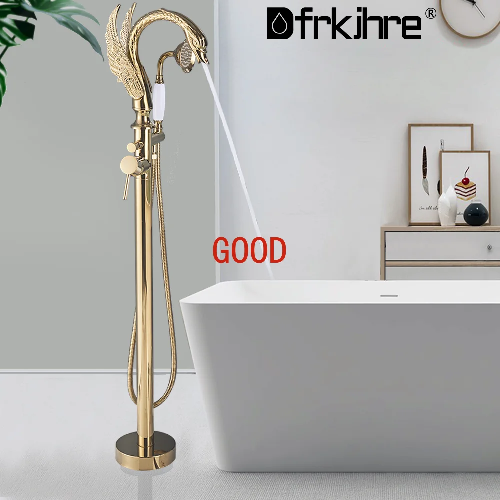 

Bathroom Free Standing Bathtub Faucet Golden Brass Handheld Shower Single Handle Tub Mixer Taps Floor Mounted Bath Tub Set