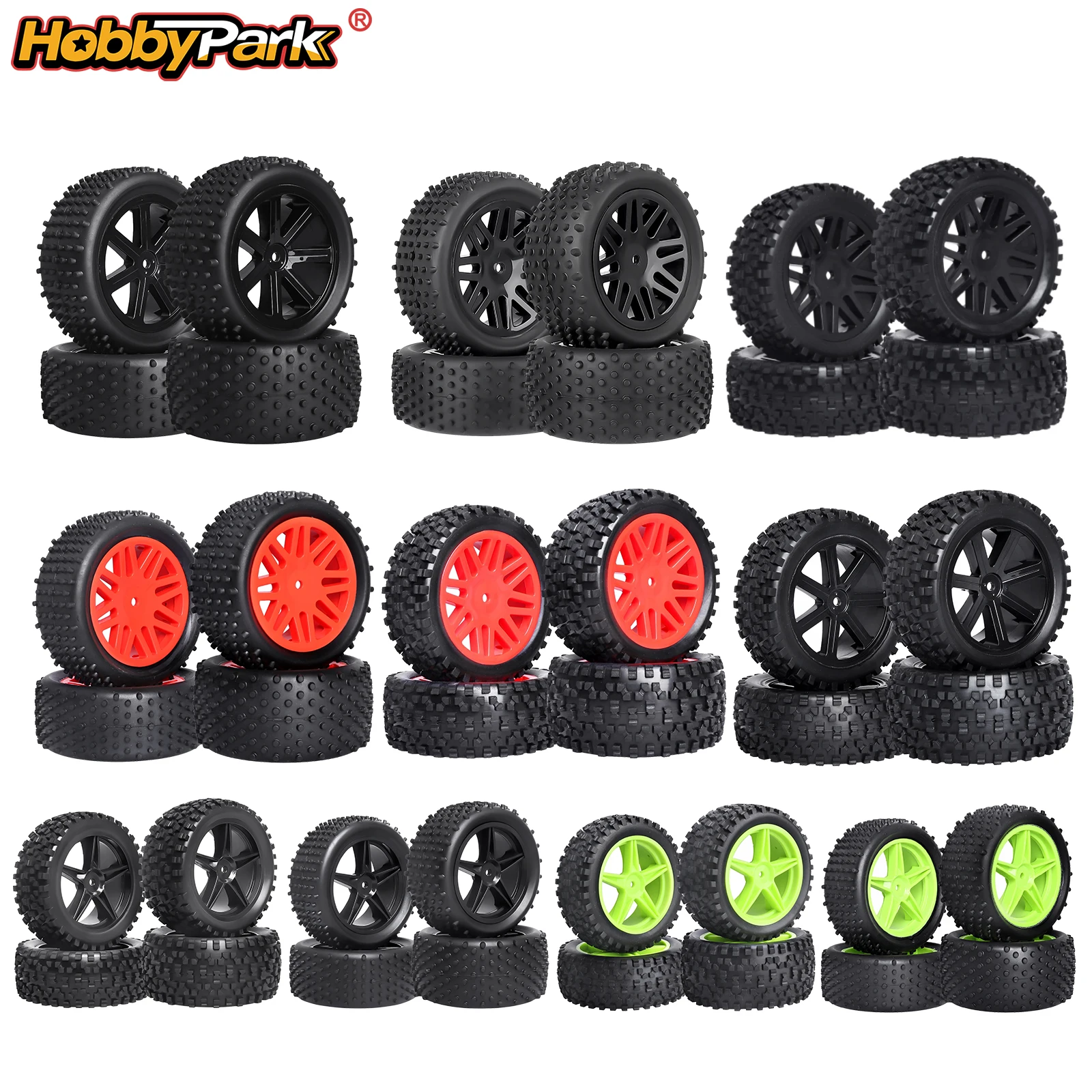HobbyPark vorgeklebte 1/10 Buggy-Reifen und -Räder für Traxxas Bandit VXL Wltoys 144001 Redcat HSP Hyper Go Team Associated Losi