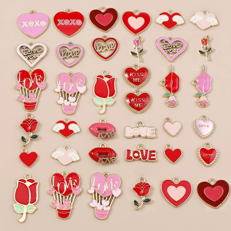 Leslie, 10 Uds., nuevos dijes románticos esmaltados de corazón rojo, joyería para el Día de San Valentín, colgantes de rosa con forma de corazón y boca de beso para hacer joyería DIY