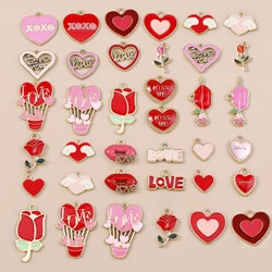 Leslie 10pcs New Romantic Enamel Red Heart Charms Valentine's Day Jewelry Kiss Mouth Heart Rose Pendants For DIY Jewelry Making