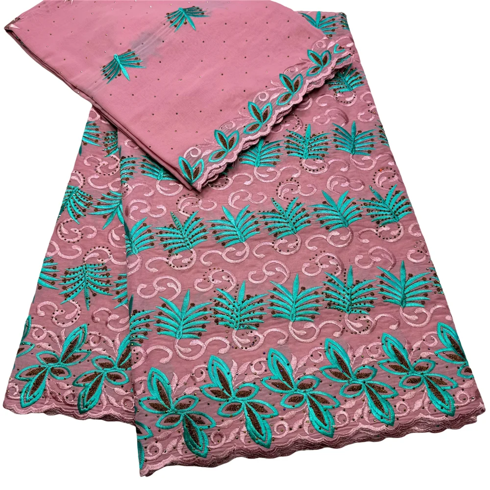 Latest 5+2 Yards African 100% Cotton Embroidery Lace Fabric With Stones Hot Sale Swiss Voile Lace For Clothing Sewing 23A128