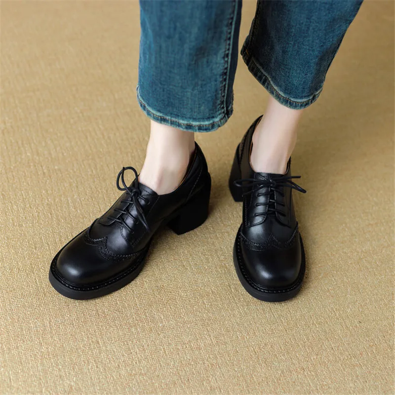 New Spring Cow Leather Women Shoes Round Toe Women Pumps Platform Shoes for Women Zapatos Mujer Lace Up Brogue Designs Loafers