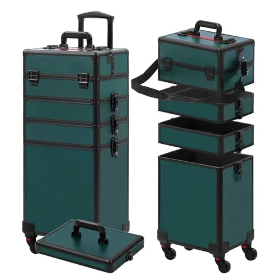 

Makeup Train Case for Salon and Barber, ABS Plastic, Black, Rolling 5-in-1 Cosmetic Organizer with Lid and Wheels, Large Profes