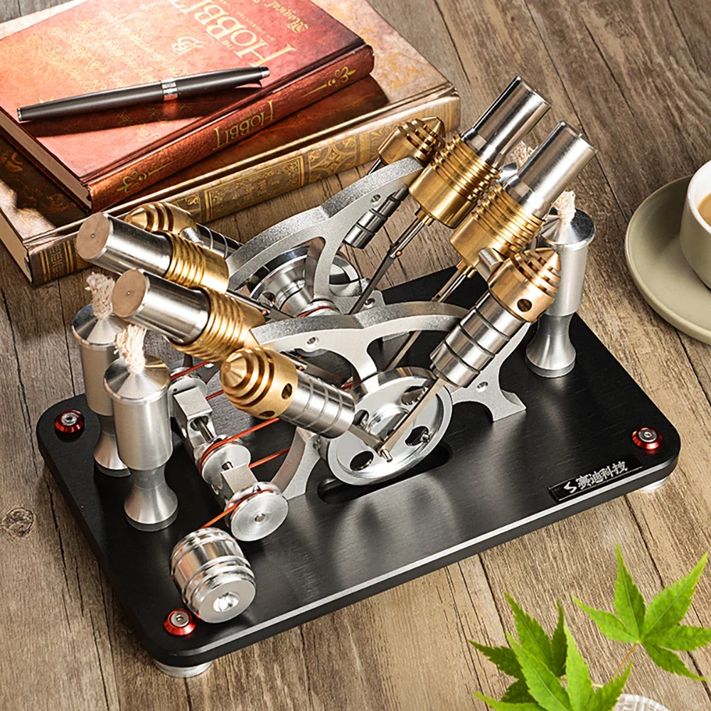 All Metal Four Cylinder Stirling Engine V4 Model DIY High-end Generator Set With Stainless Steel Heating Tube Toy Gift