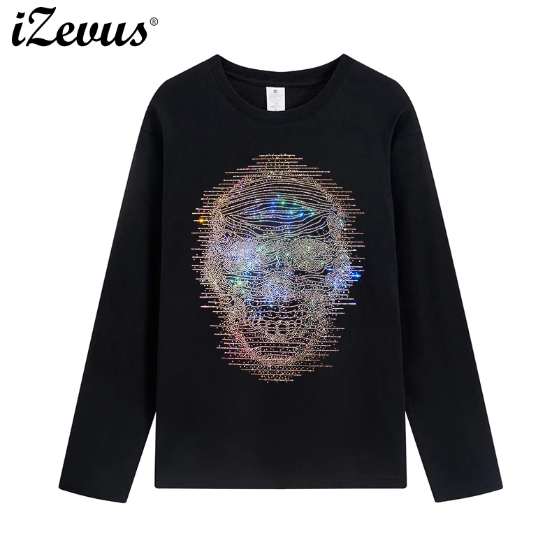 New shiny dense skull drill T-shirt women's spring and fall long-sleeved casual bottoming T-shirt high quality cotton fabrics