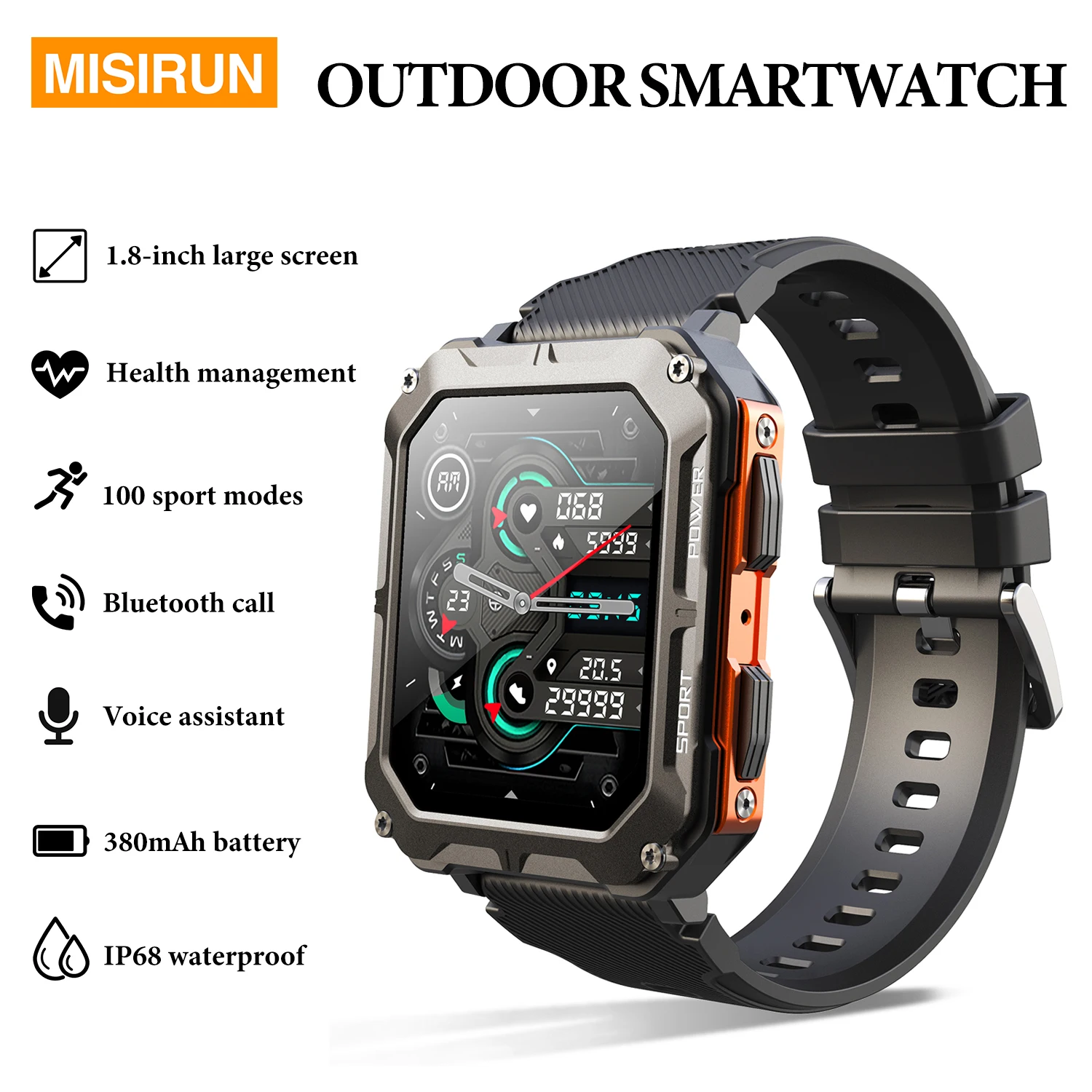 

Умные часы MISIRUN C20Pro для мужчин, для активного отдыха, с множеством спортивных режимов, фитнес-трекер, голосовой помощник, монитор сердечного ритма, водонепроницаемые часы