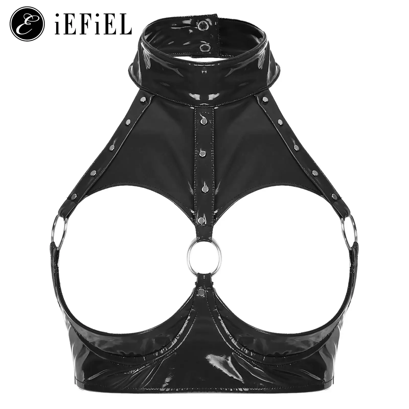 

Womens Wet Look Patent Leather Hollow Out Bra Tops Open Cup Bralette Balconette Sexy Halter Backless Bustier Corset Lingerie