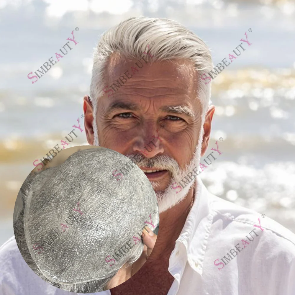 

1B80 Белый Серый 0,03 мм Супер Ультратонкая основа для кожи 80% Плотность Remy Blonde Человеческие волосы Парик для мужчин Системы капиллярных протезов