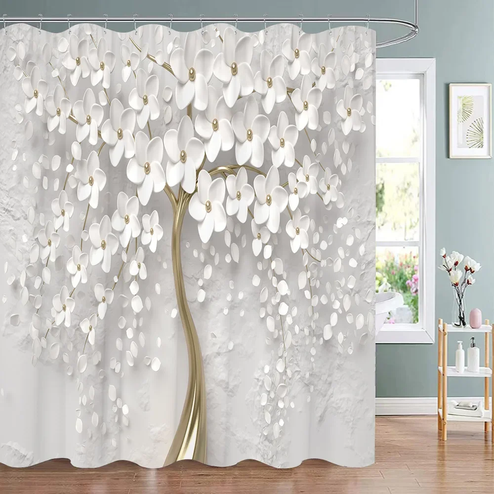 Elegant and Fashionable Fantasy Pearls and Diamonds Bouquet Shower Curtains 3D Style Relief Sculpture Bath Curtain Bathroom Deco