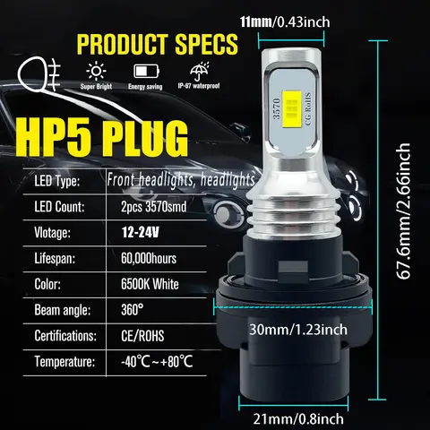 2X HP5 LED Bulb Kit Suitable 2004, 2005, 2006 ATV TRX350FE Bulbs, 34901-HP5-601, Ultra Bright 6000K White, 3-Pin, Plug And Play