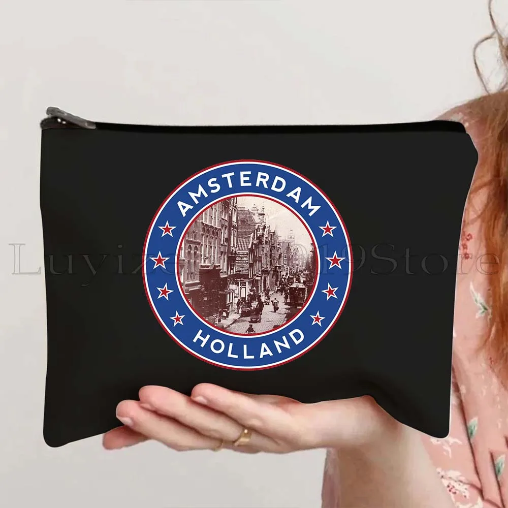 Amsterdam Landmark Skyline Emblem Bandera holandesa de Países Bajos Mapa Regalos de viaje Bolsa de maquillaje cosmético de lona Estuche para lápices Bolsa con cremallera