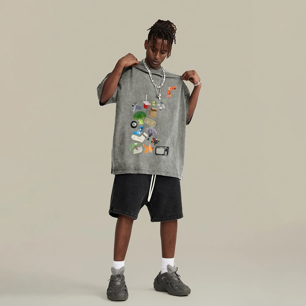 

Men's Casual Washed Cotton Tee Mixed Items Cartoon Print Y2K TrendComfy Stylish StyleY2K Street FlairSoft Cotton