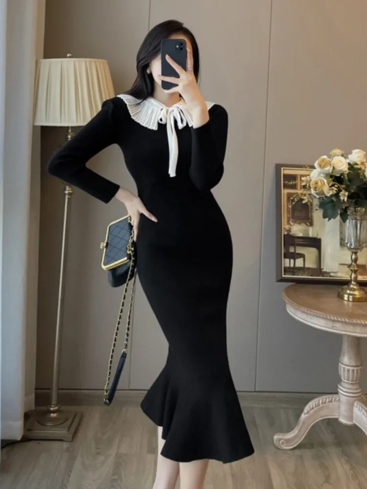 

Autumn Bodycon Black Knit Party Dress Women Elegant Square Collar Lace-up Patchwork Mermaid Evening Vintage Vestidos Prom Robe