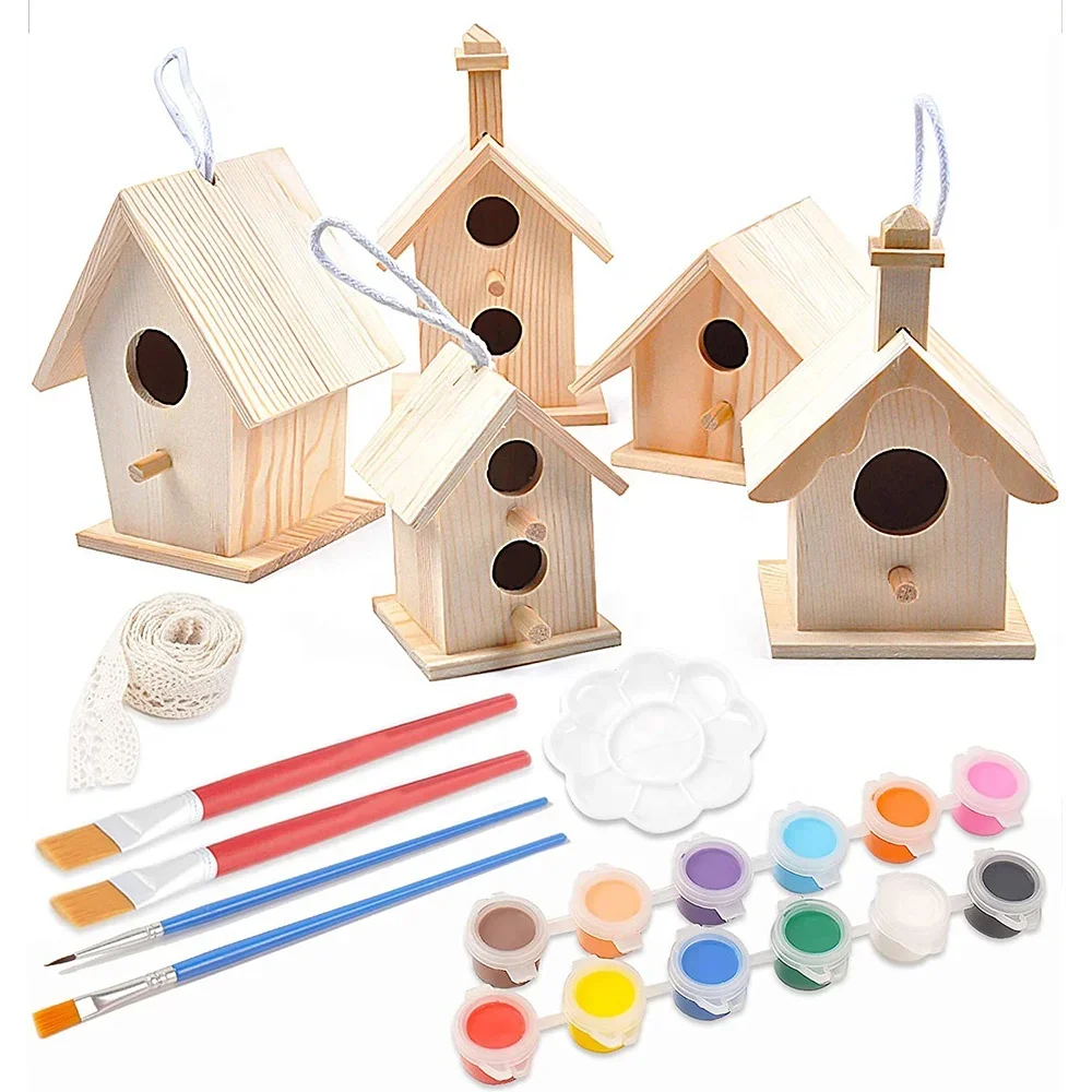 Bird Houses for Outside Hanging to Paint Wooden Protective Nest Box Natural DIY Birdhouse for Children