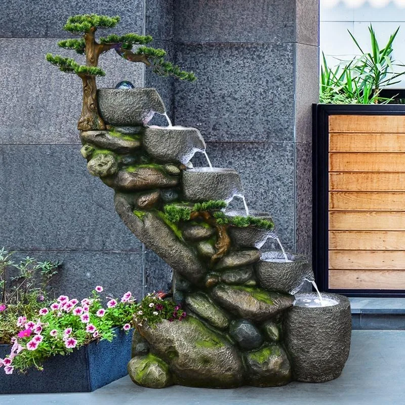 Water tank rockery, running water fountain, small fish pond, balcony, outdoor garden layout to attract wealth