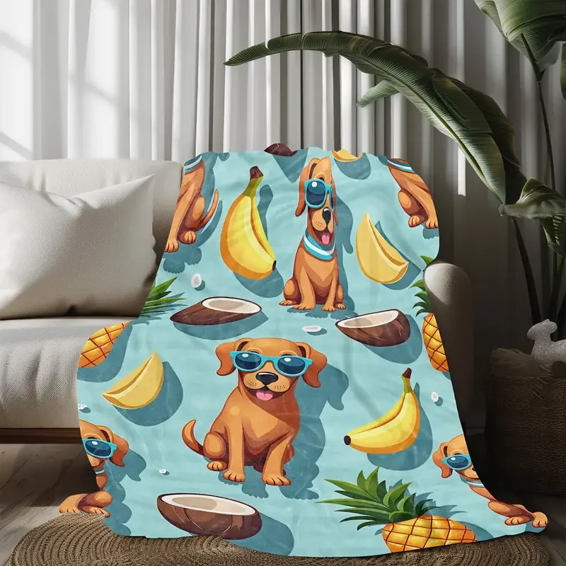 بطانية فانيلا على شكل جرو وجوز الهند والأناناس من قطعة واحدة - مناسبة لجميع المواسم، رائعة للتخييم والسفر والسرير وعيد الميلاد