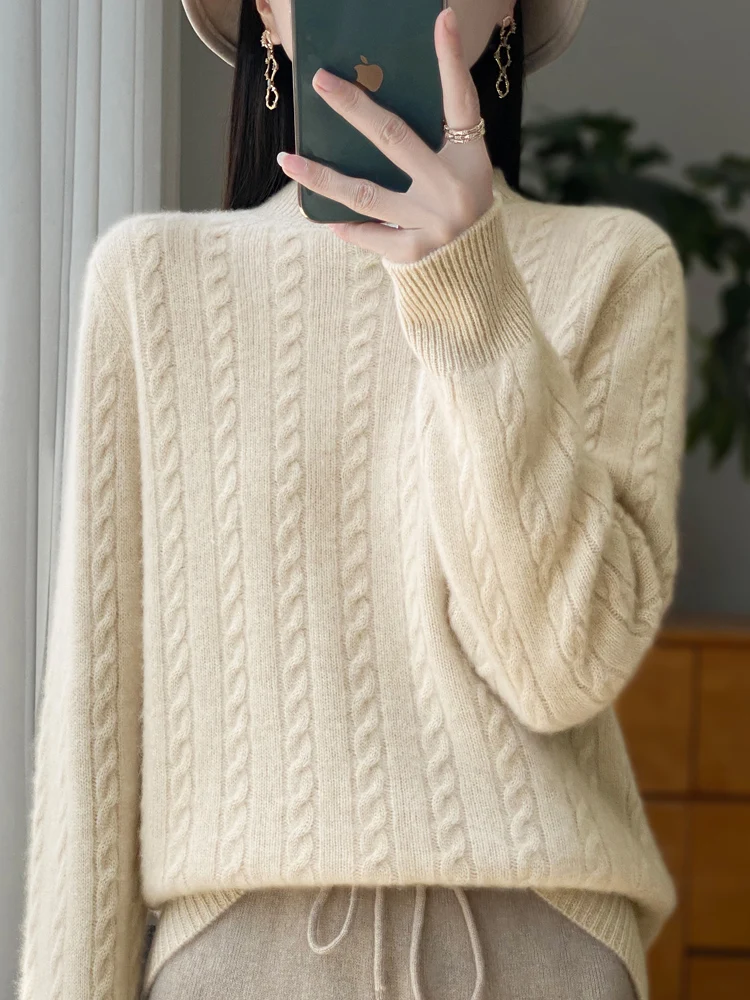 

Женский вязаный свитер из 100% мериносовой шерсти с полувысоким воротником, повседневный кашемировый свитер