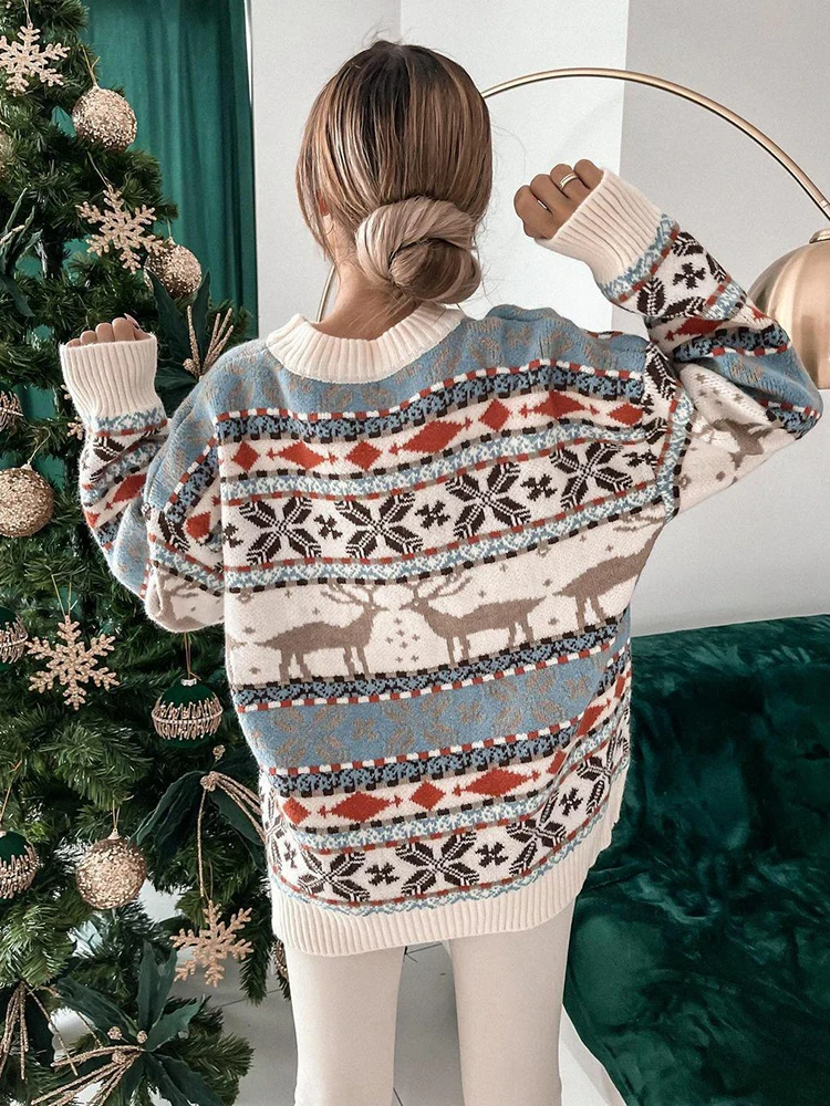 Autumn Winter Christmas Sweater Women Fashion Knitted Long Sleeve Top Casual White O Neck Pullover Elegant Basic Sweaters 2022