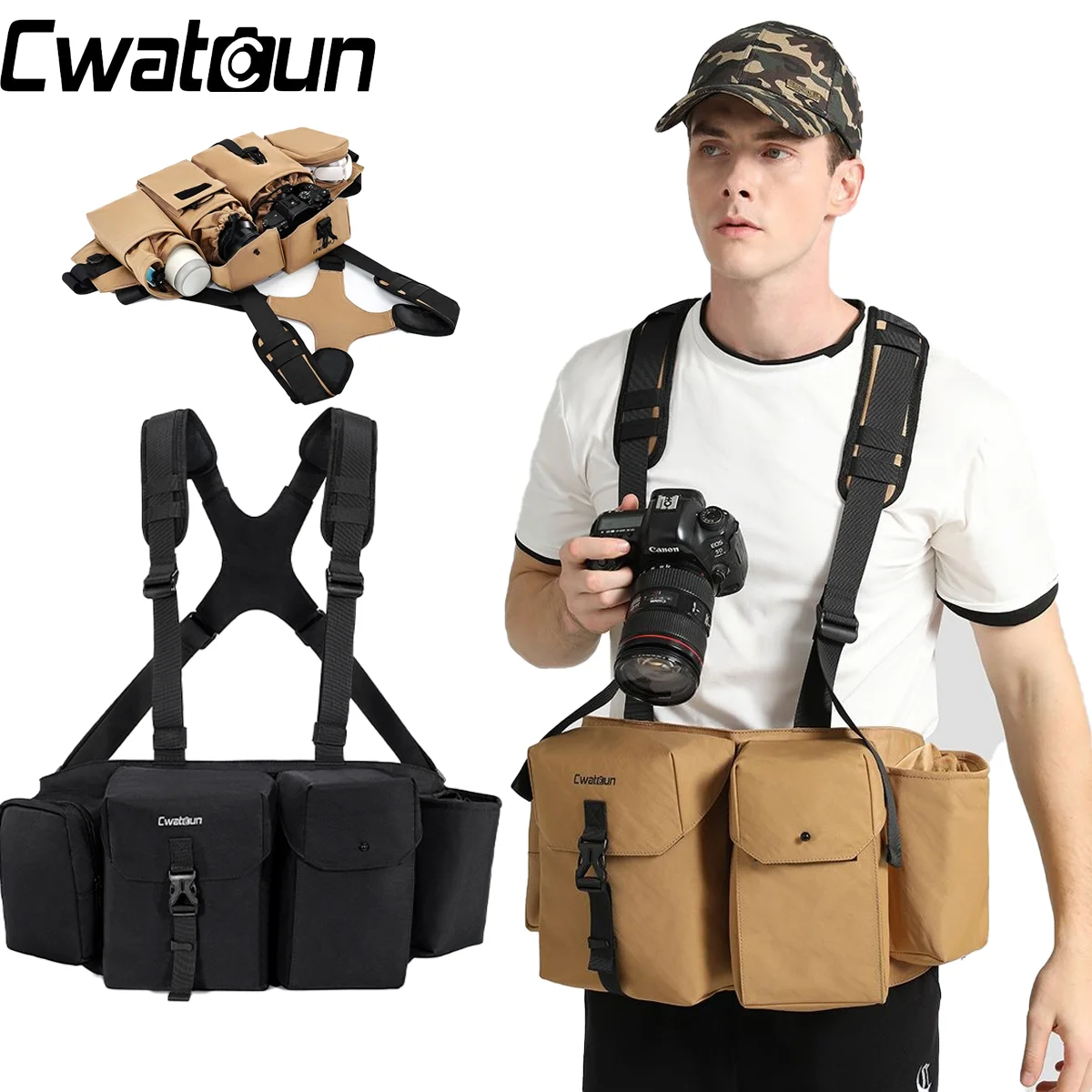 Cwatcun Professional Photography Waist SLR Lens Bag Photography Outdoor Work Clothes Vest Camera Bag Waist Bag