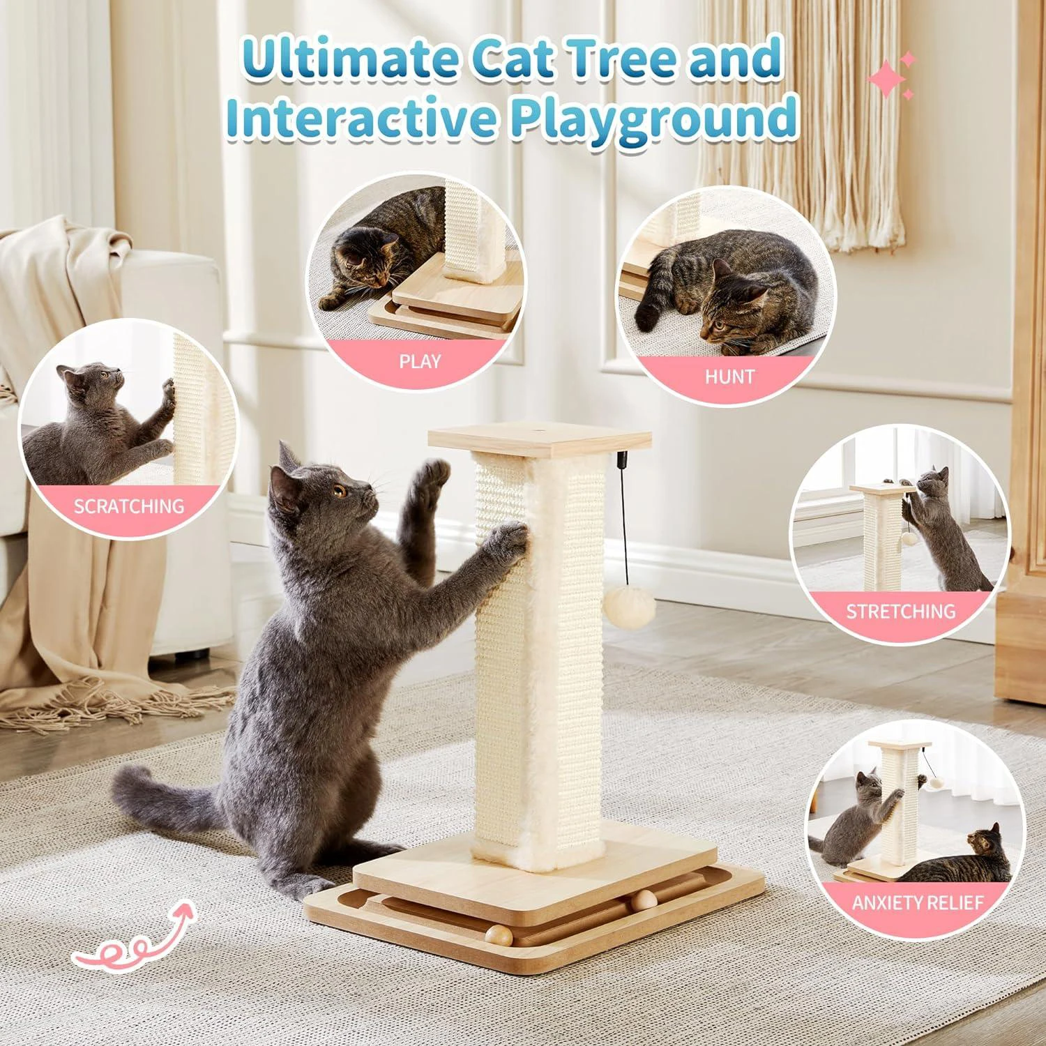 Rascador para gatos con sisal natural, peluche y pelota colgante - imagen 3