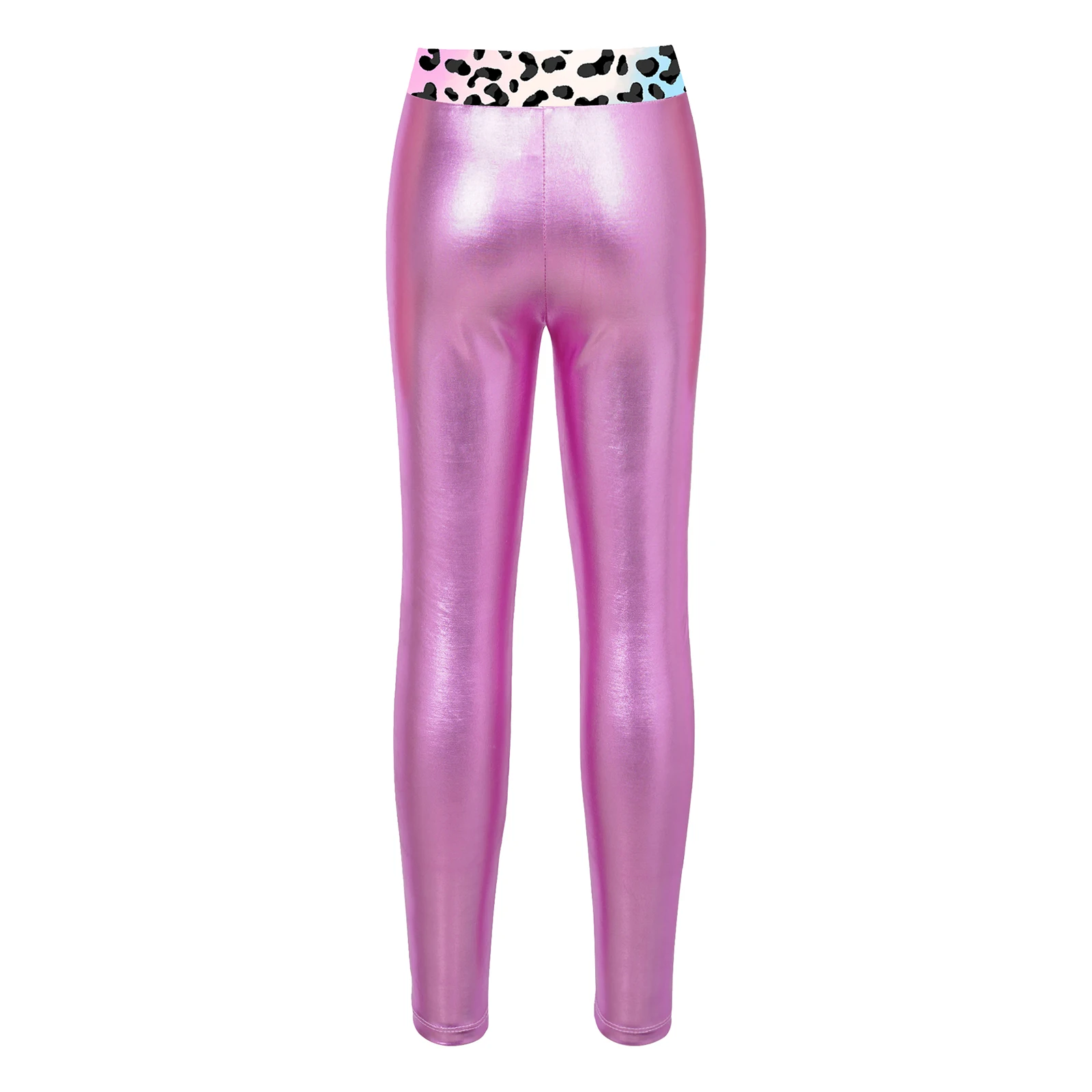 Kids Girls Metallic Shiny Leggings Leopard Printed Elastic Waistband Pants Dancewear Fashion Trousers for Dance Yoga Gymnastics