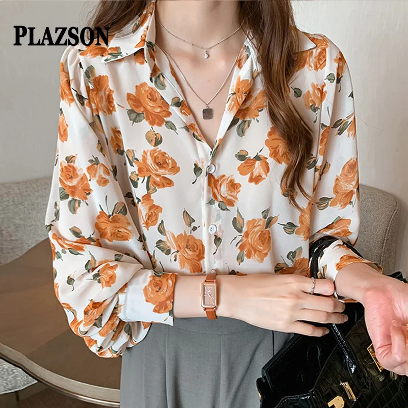 PLAZSON Summer Sunscreen Clothes Tops Vintage Flower Print Women Chiffon Blouse Long Sleeve Sheer Thin Shirt Blusas Para Mujer