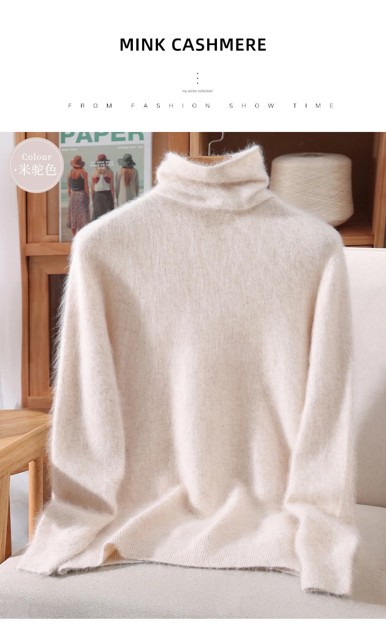 100% Pure Mink Fur Sweater Women's Pullover High Neck Knitted Sweater Autumn Winter New Item Pile Collar Thick Soft Base Sweater