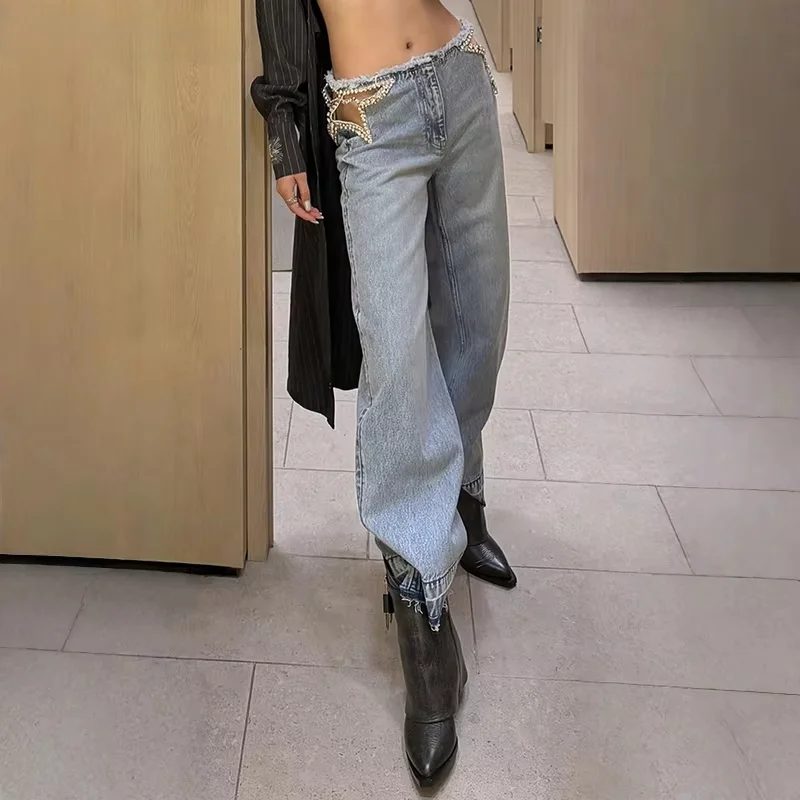 

Rhinestone Star Straight Jeans Sexy Trendy Hollow-out Low Waist Loose Fit Baggy Denim Trousers Causal Women Clothes