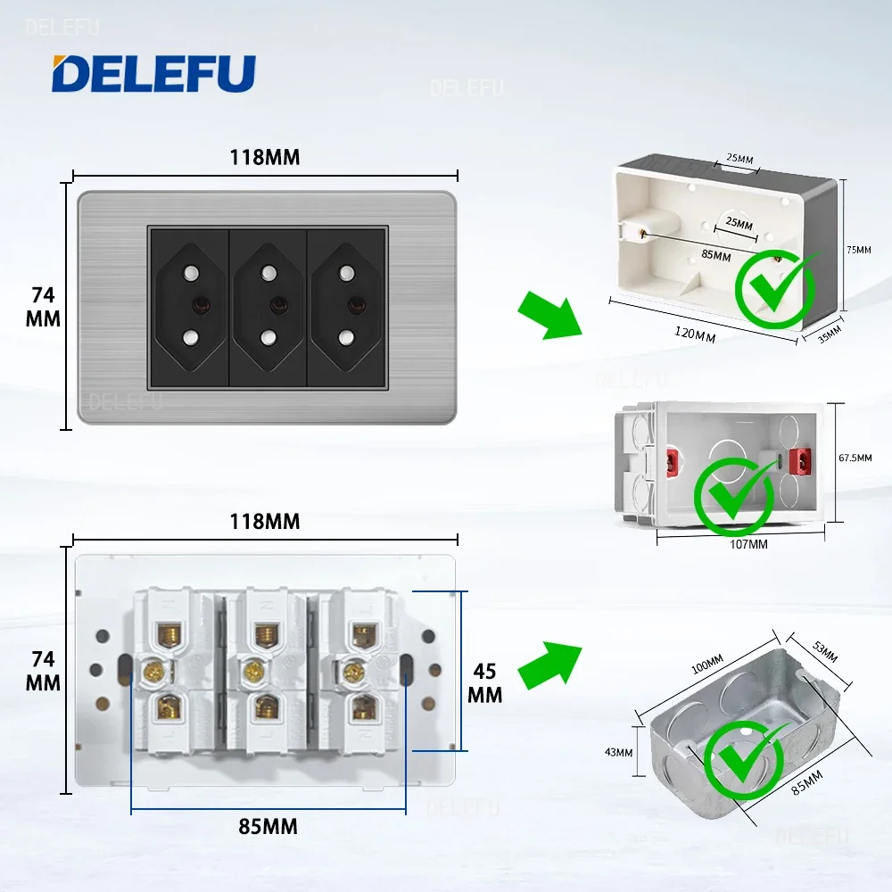DELEFU Stainless Steel Panel Brazil Standard Outlet Double USB Type C Wall Power Socket Light Switch Office 4*2mm Black 10A 20A image 2