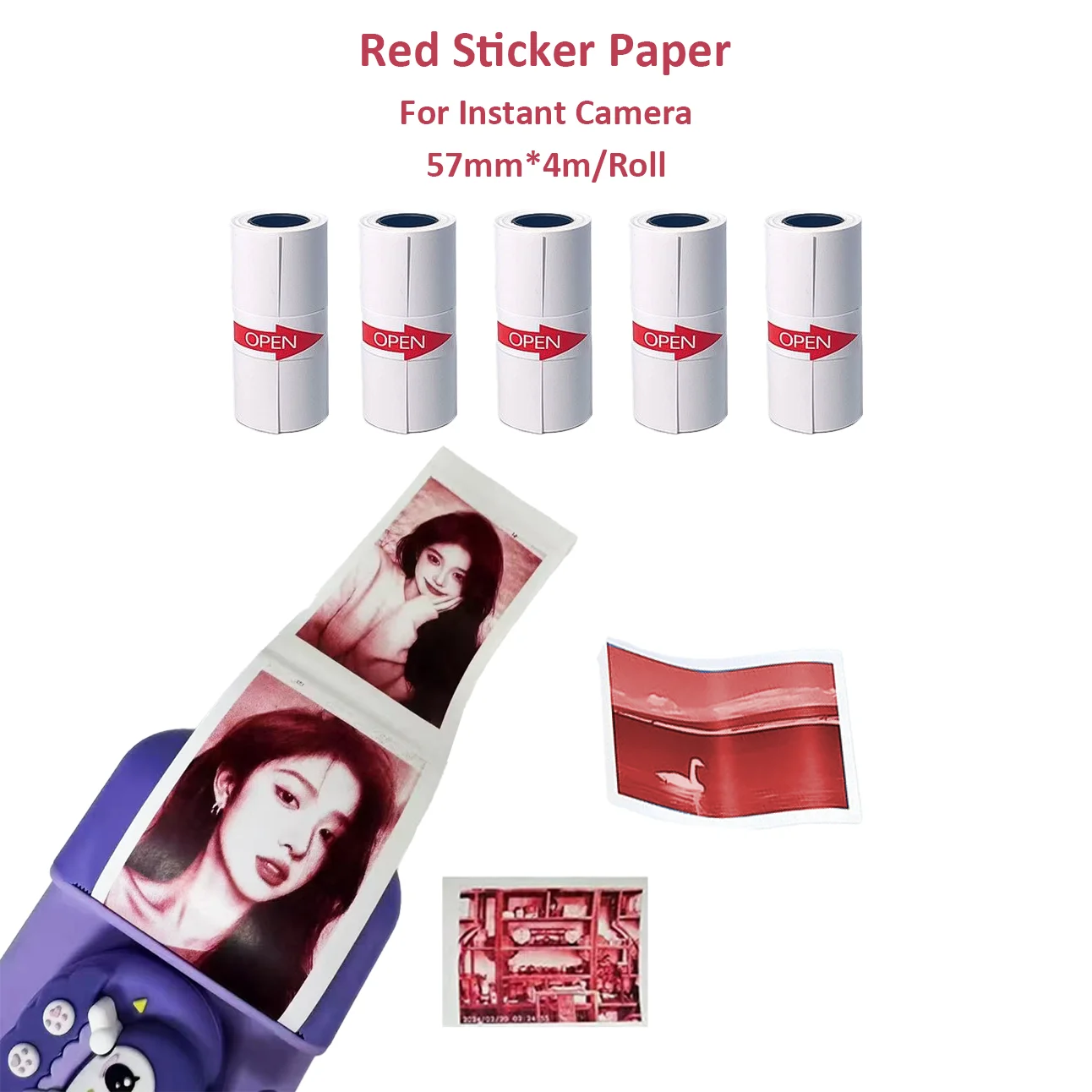 Red Thermal Paper Rolls for Photo Office School Home No Ink Needed Instant Printing Compatible with Thermal Printers Cameras