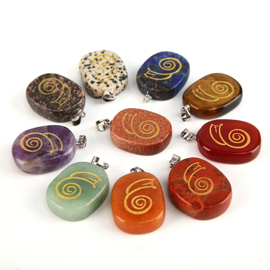 Natural Stone 7-color Chakras Oval Pendant Handmade Carve Japanese DAI KO MYO Reiki Symbol Jewelry Energy Stone Necklace