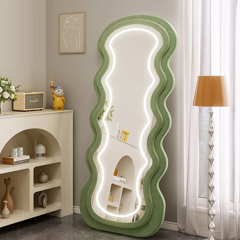 مرآة أرضية لكامل الجسم، مرآة LED للمنزل الذكي، غرفة نوم فتاة، مرآة على شكل خاص مع ضوء