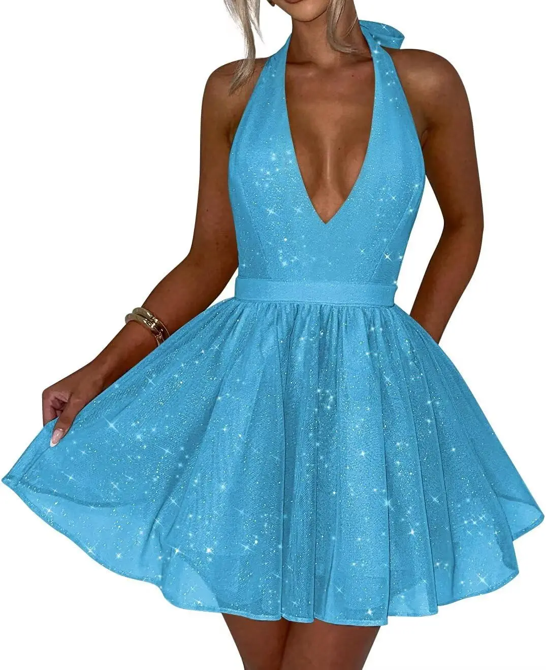 

Sparkly Tulle Homecoming Dresses for Teens Short Halter Formal Prom Party Ball Gowns Mini Length Cocktail Dress Evening Dresses