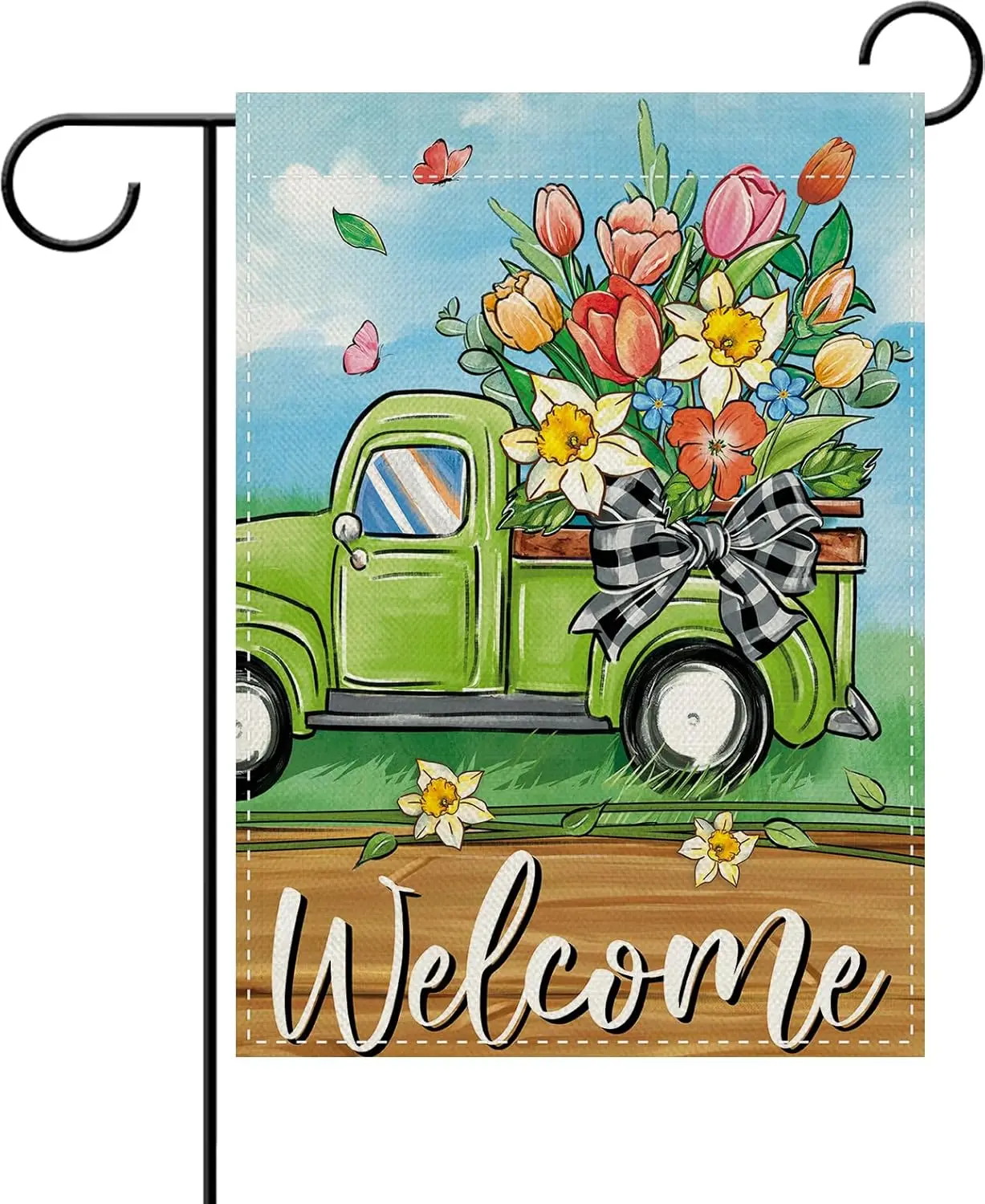 Dyrenson Welcome Spring Green Truck Floral Decorative Garden Flag, Tulip Daffodil Flower Butterfly Yard Outside Home Decorat MMZ