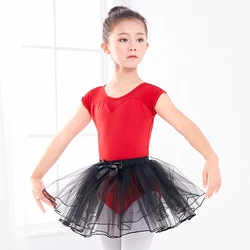 Girls Ballet Leotards Kids Red Dance Bodysuits Tutu Dress Cotton Mesh Ballet Outfit Dance Leotards Dancewear With Tutu Skirts