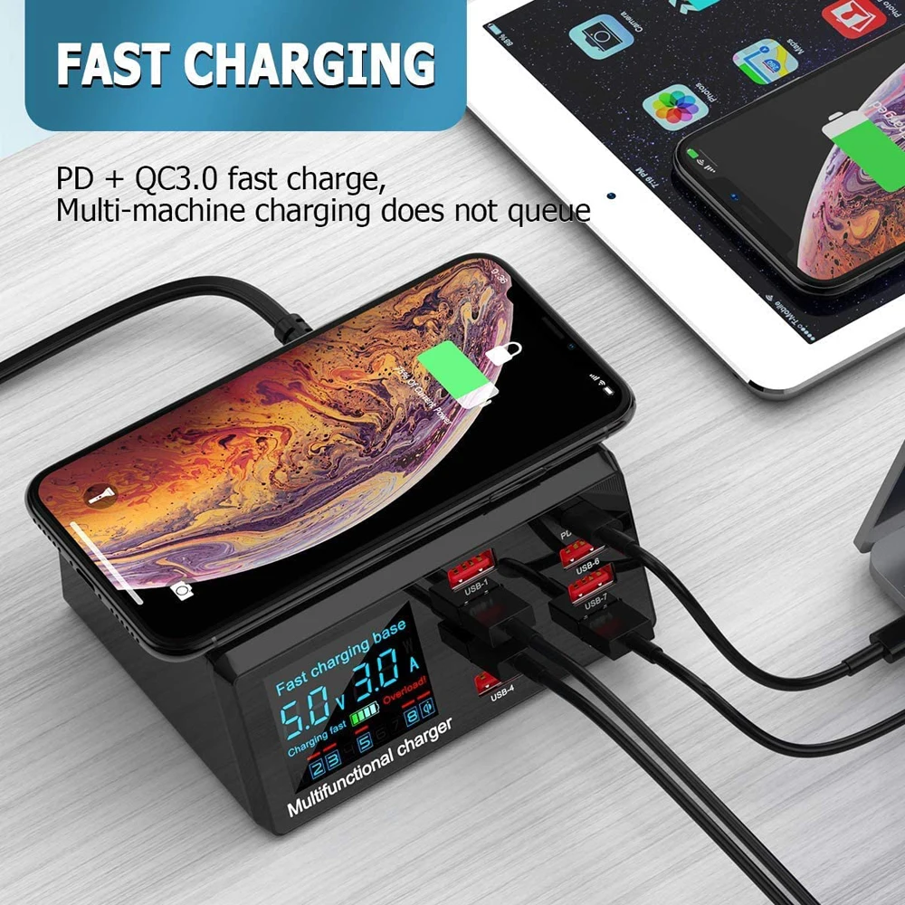 AIXXCO 8 Ports 100W USB Charger Station With Wireless Charging QC3.0 PD3.0 Quick Charge For iPhone Samsung Xiaomi PD CHARGER