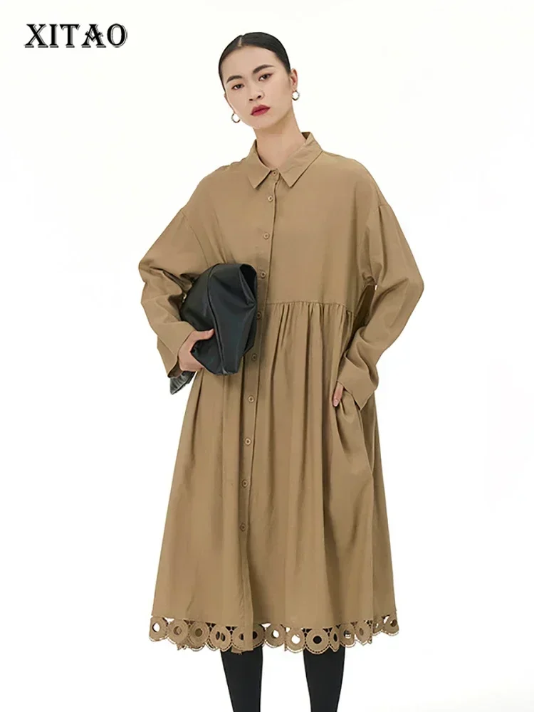 

XITAO Solid Color Single Breasted Loose Shirt Dress Turn-down Collar Patchwork Long Sleeve 2025 Spring New Casual LYD1107
