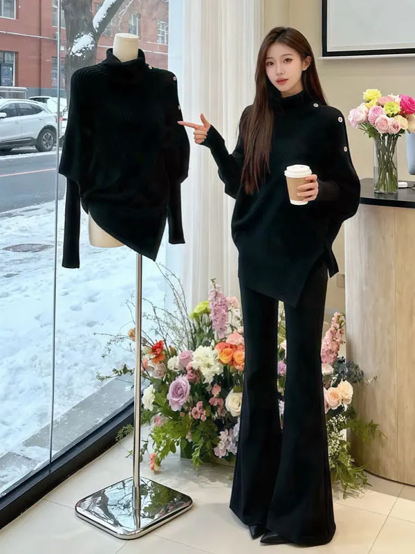 

Уникальный дизайн, высокий воротник, черный вязаный свитер, асимметричный необычный топ в корейском стиле, зимняя мода, женский хлопковый свитер