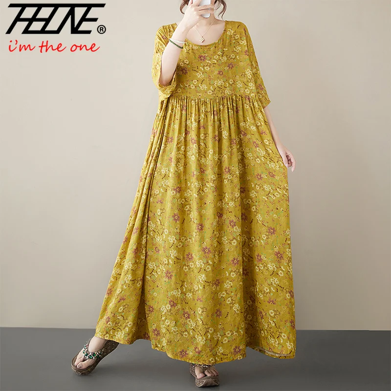 Plus Size Robe Bohemian Print Maxi Long Dress for Women Floral Casual Cotton Linen Loose Vintage Vestidos Para Mujer Dresses