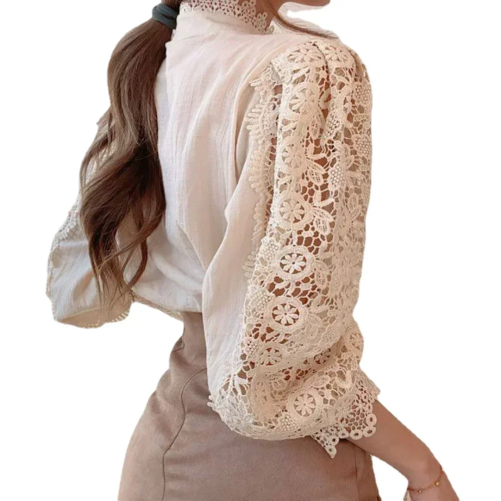 Blusa de encaje de manga larga para mujer, camisa básica de encaje blanco con flores ahuecadas, Sexy, elegante, para oficina, verano, 2024