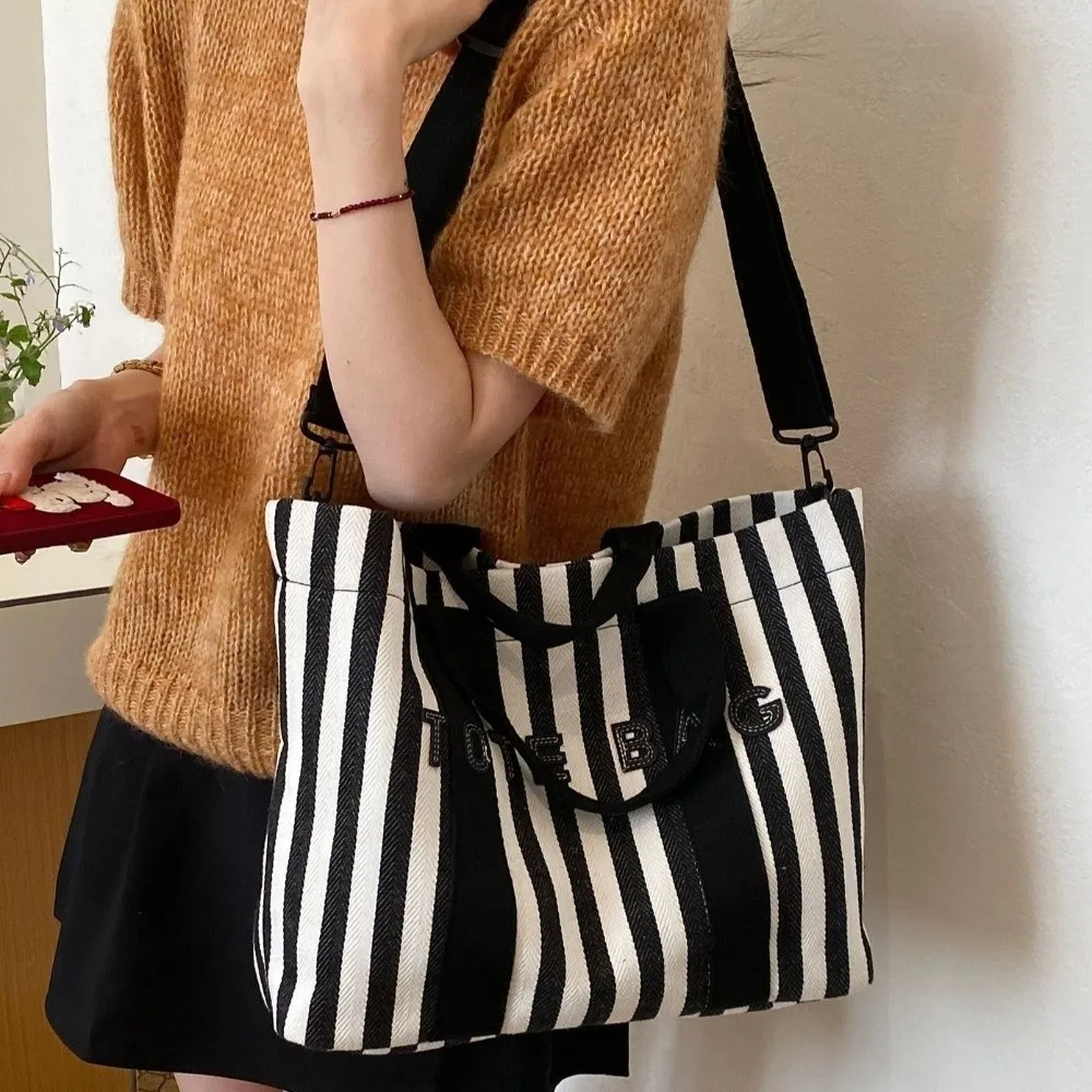 

Simple Cloth Stripe Canvas Tote Bag Crossbody Strap Casual Korean Style Shoulder Bag Lightweight Portable Large Capacity Handbag