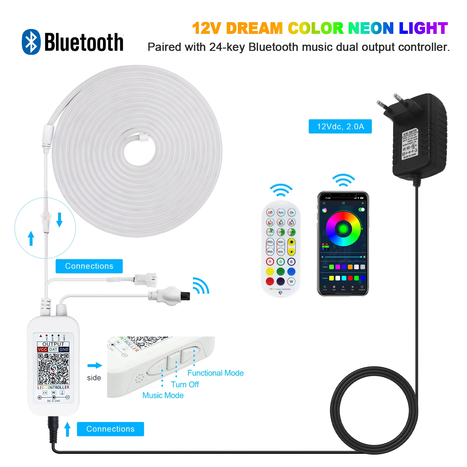 Neon LED Strip Lights 12/24V 84LEDs/M Waterproof Bluetooth RGB Music Sync Control with App/Remote Flexible Silicone Ribbon Tape