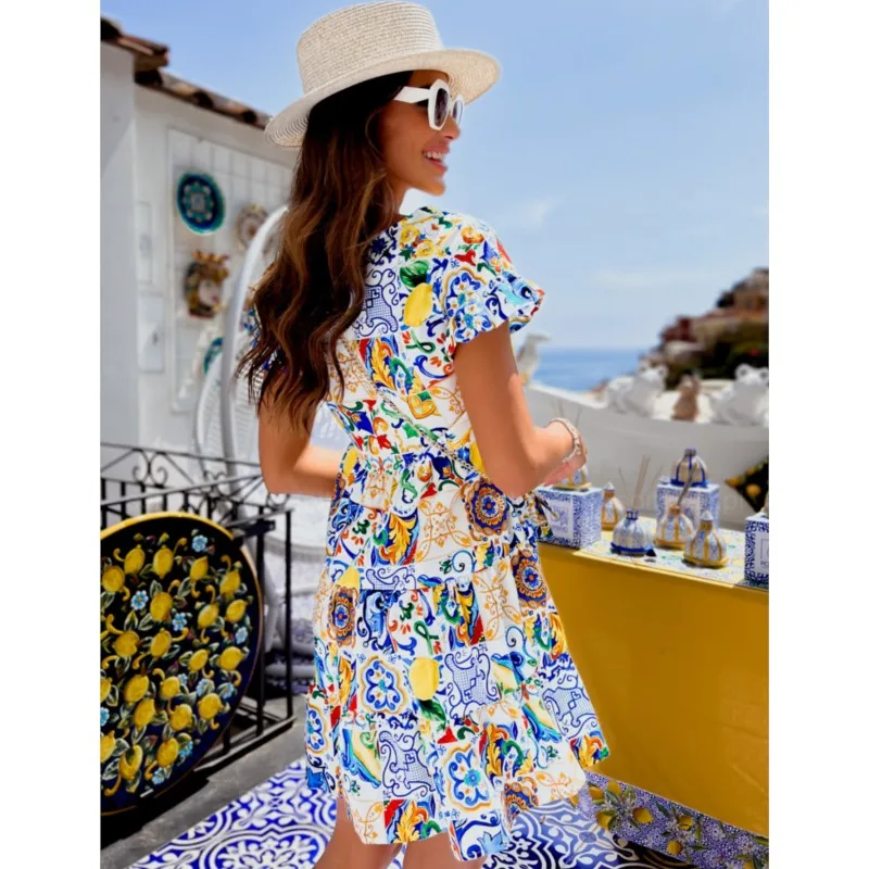 

Girl ruffled edge patchwork midi floral skirt summer flared sleeve round neck printed irregular hem dress for women holiday wear