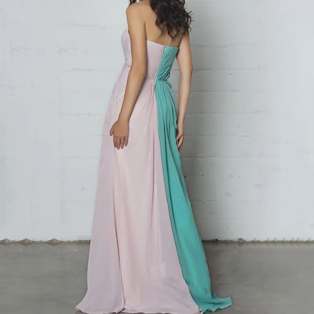 A-Line Chiffon Prom Evening Gown V Neck Sleeveless Pleat Leg Slit Colour Clash Floor Length