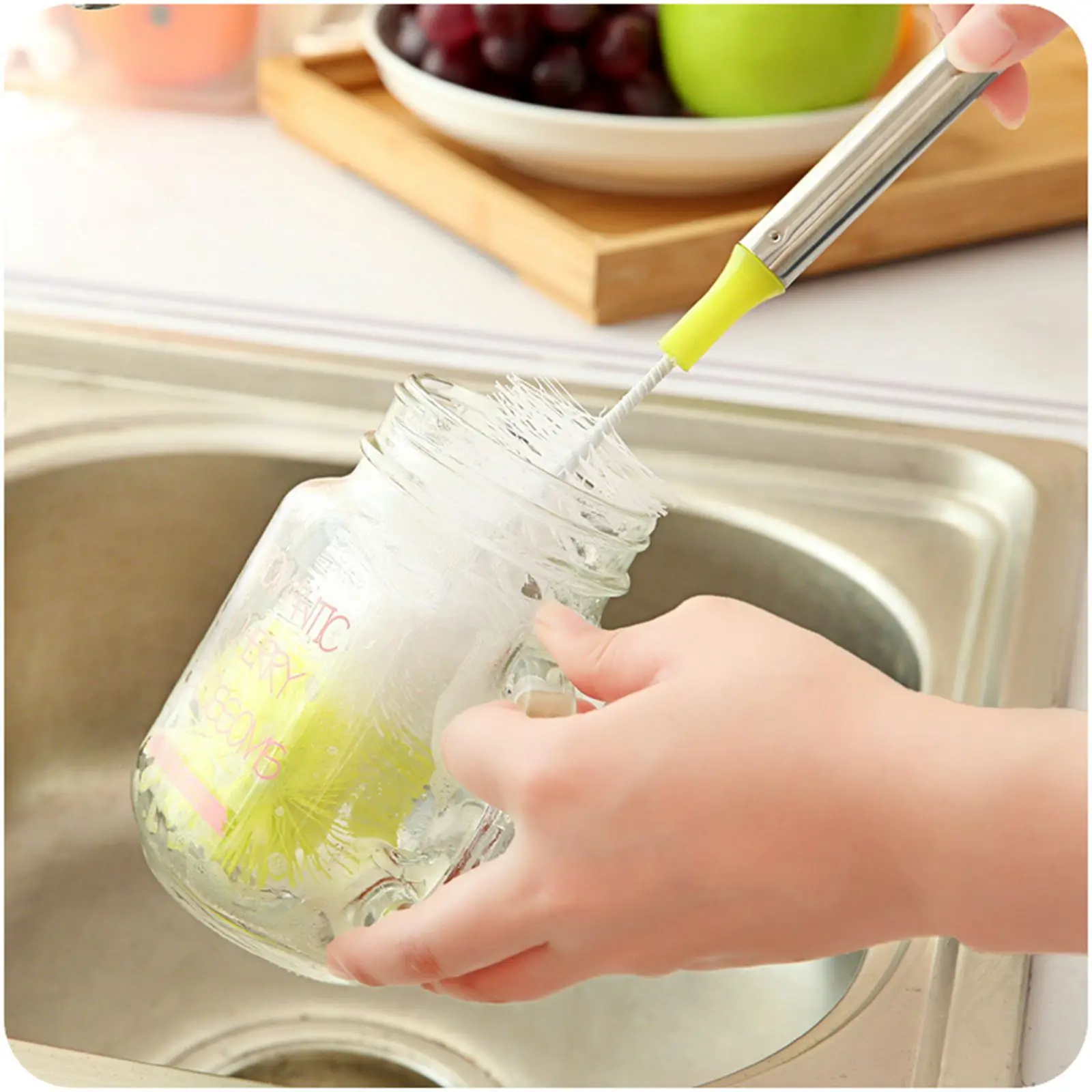 Curved Round Head Stainless Steel Handle Bottle Cleaning Brush 360 Degree Cleaning Cup Brush