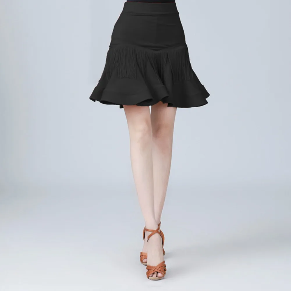 Damen-Rock für lateinamerikanischen Tanz mit Fransen und Fischgrätenmuster – Übungskleid für Erwachsene, fließender Minirock mit Maxi-Saum